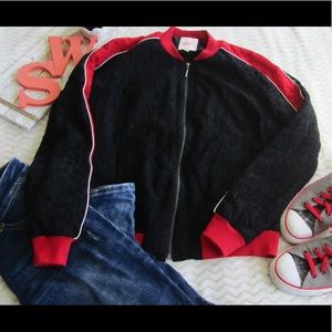 NWOT Black And Red Lace Bomber Jacket